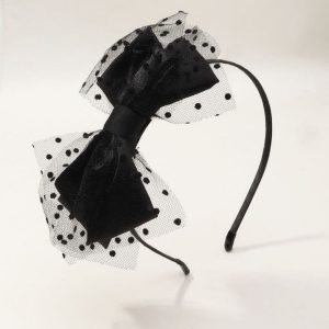 تل سر پاپیونی مشکی با تور خالدار دست‌دوز مناسب استایل مجلسی و روزمره